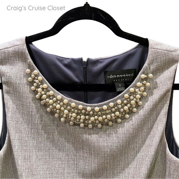 Connected Apparel: Elegant Gray Embellished Neckline Dress, Size 8. - Picture 4 of 7